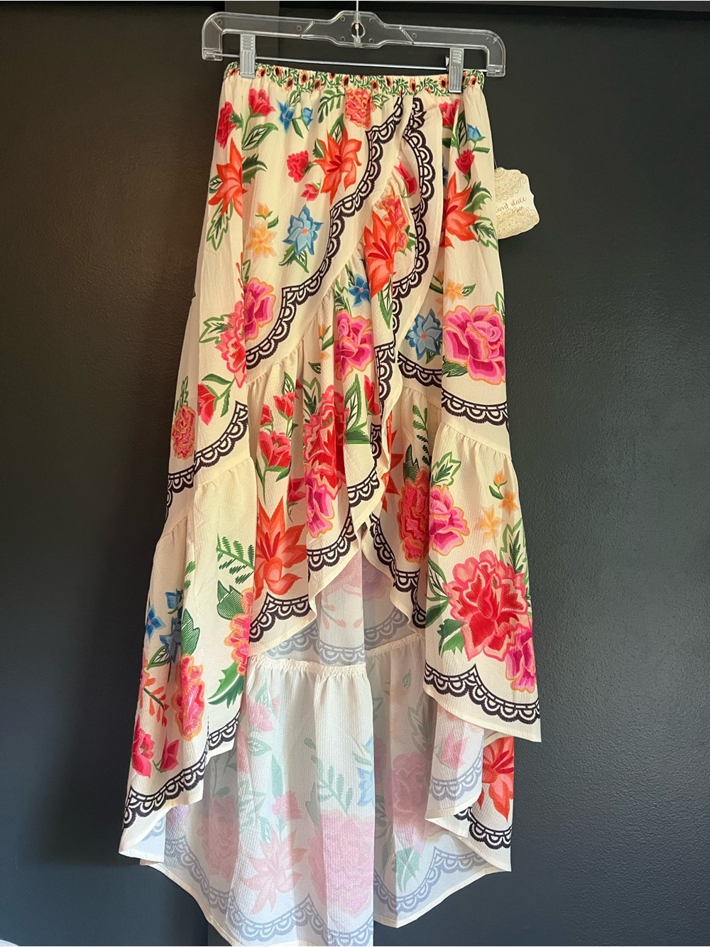 Altar’d State Floral High Low Skirt Cream Pink Ruffle Faux Wrap Boho NWT
